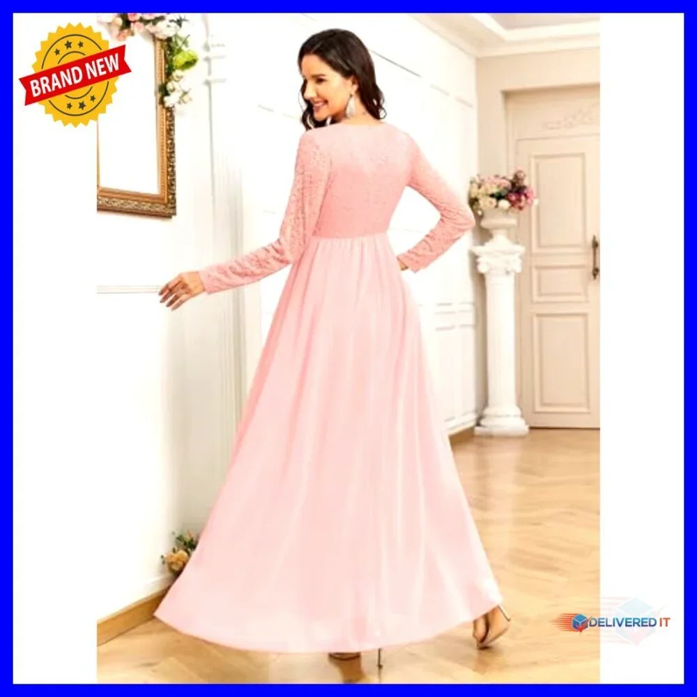 Maternity A-Line Wrap Dress with Lace Sleeves and Chiffon Skirt